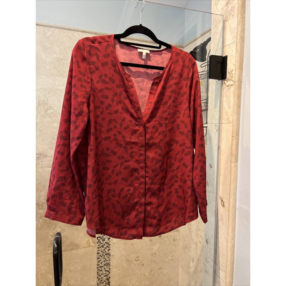 Joie Women Red Cherry Print Tunic Blouse Long Sleeve Split Neck Size L